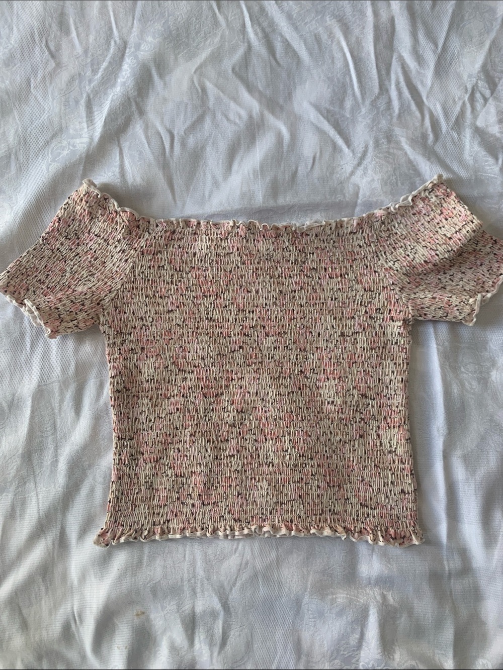 H&M Pink Floral Smocked Off-Shoulder Crop Top with Ruffle Trim